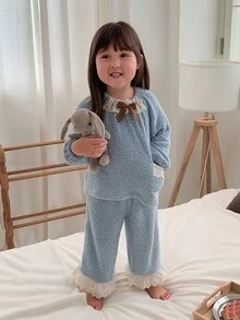 DAZY Baby Girls Round Neck Casual Comfortable Korean Style Long Sleeve 2 Pieces Set Autumn/Winter Loungewear - Baby Blue - View 3