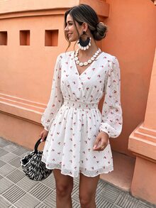 Flora Isola Flora Isola Women's Summer Off-White Cherry Print V-Neck Puff Lantern Long Sleeve Elastic Waist A-Line Mini Dress - Beige - View 7