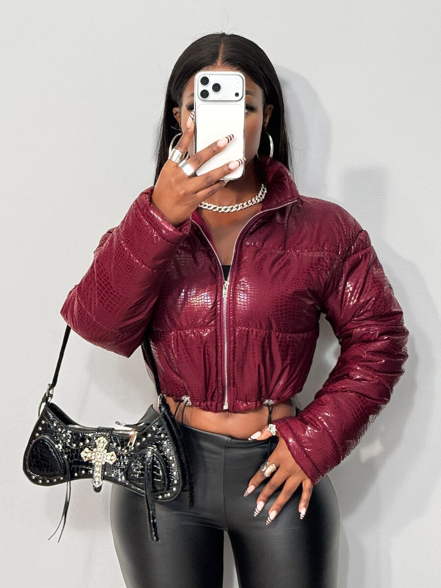 BamGleam Burgundy Animal Print Y2K Drawstring Hem Cropped Jacket