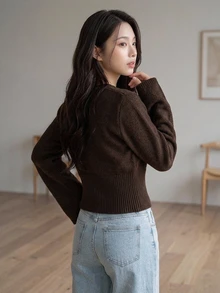 Livesso Cardigan Rajut Kabel Lengan Panjang Slim Fit Warna Cokelat Kopi untuk Wanita Musim Gugur/Dingin - Coffee Brown - View 2