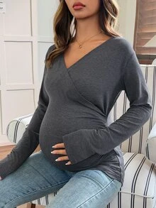 Dazy Maternity Solid Color Fitted Asymmetric V-Neck Long Sleeve Casual Vacation Spring/Autumn Maternity T-Shirt - Grey - View 7
