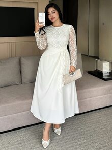 Dazy Plus Autumn Lace Patchwork Elegant Evening Dress, Early Autumn New Slimming Body-Flattering Dress - Apricot - View 5