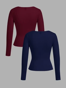 SHEIN EZwear 女款 2 件組 方領修身長袖休閒 T 恤連身衣套裝 - 彩色 - 查看 2