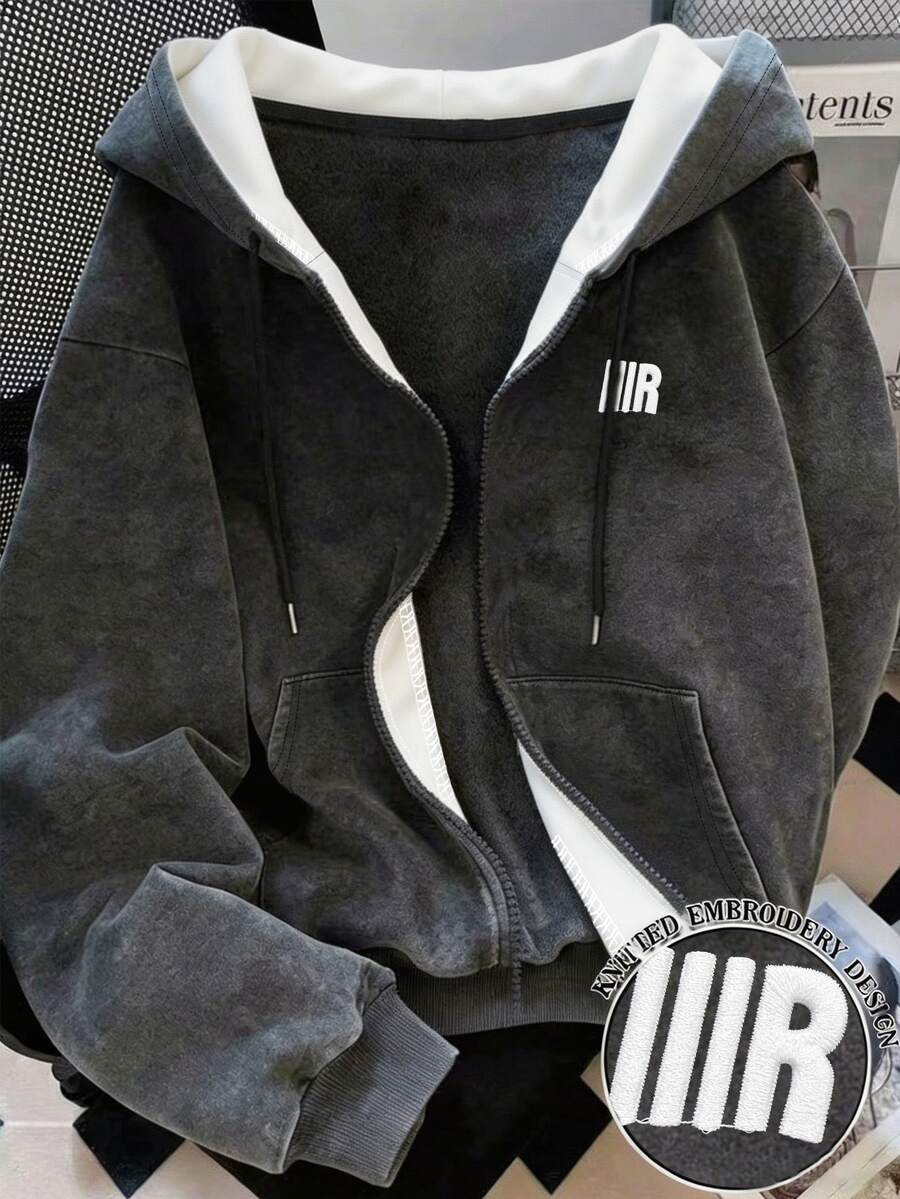 Resyla 女款雙層連帽衛衣,深灰色對比白色外套,極簡字母刺繡圖案,刺繡工藝,休閒日常穿著,秋季 - 深灰色 - 查看 1