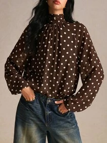 Poéselle Women's Polka Dot Pattern Stand Collar Lantern Sleeve Elegant Blouse - Brown - View 5
