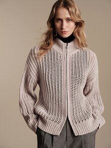 Anewsta Essential Autumn/Winter Elegant Lapel Zip-Up Hollow Stripe Vertical Hollow High-End Grey Knit Cardigan - Grey - View 6