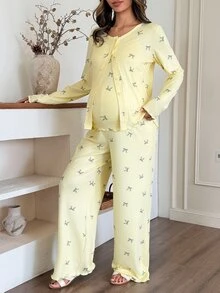 Dazy Maternity Setelan 3 Potong untuk Pakaian Rumah Kasual Sehari-hari dengan Motif Kupu-kupu (Kamisol Pas Badan, Kardigan Longgar, Celana Panjang Lurus), dan Setelan 2 Potong untuk Ibu Hamil/Musim Semi/Gugur - Kuning - View 8