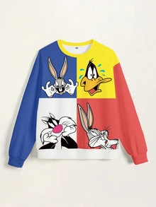 LOONEY TUNES X SHEIN Women's Colorblock Patchwork Cartoon Print Sweatshirt - White - View 6