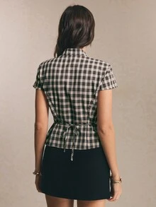 Poéselle 女款格紋領結領短袖時尚襯衫 - 黑色 - 查看 2