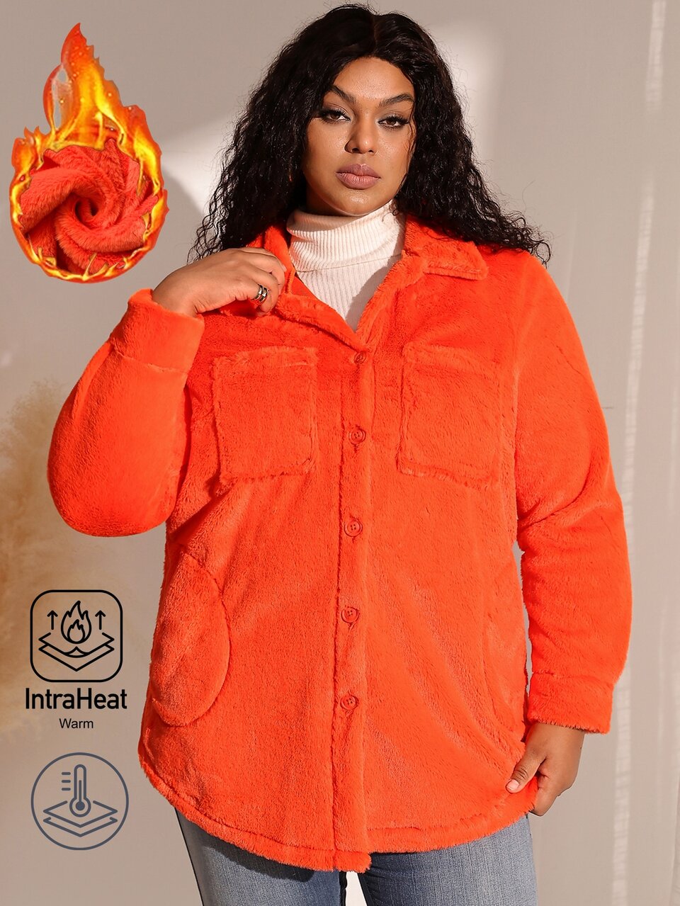 Plus Size Women's Solid Color Long Sleeve Single-Breasted Pocket Design Fleece Jacket