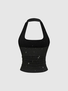 Sweetra Women's Black Sequin Simple Casual Comfortable Versatile U-Neck Tank Top - Black - View 2