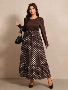 Elaquor Plus Size Women's Round Neck Puff Long Sleeve Polka Dot Hem Elegant Dress Fall/Winter Polka Dot Brown Dress For Women Elegant Going Out Brunch Dress - Brown - View 4