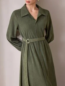 Graceveil Army Green Corduroy Collared Long Robe Dress With Metal Ring Waist Belt, Long Sleeve Muslim Conservative Dress - Army Green - View 4