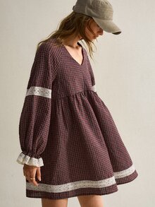 SHEIN Women's Simple Plaid Lace Trim Dress - Multicolor - View 1