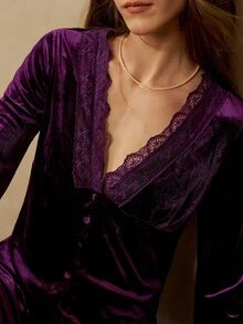 MOTF PREMIUM WOMEN'S CONTRAST LACE & VELVET PAJAMA SET - Purple - View 1