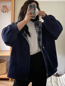 Dazy Plus Thermal Lined Thick Hooded Colorblock Plaid Design Fun Commute Korean Style Loose Fit Spring Autumn New Jacket - Navy Blue - View 1