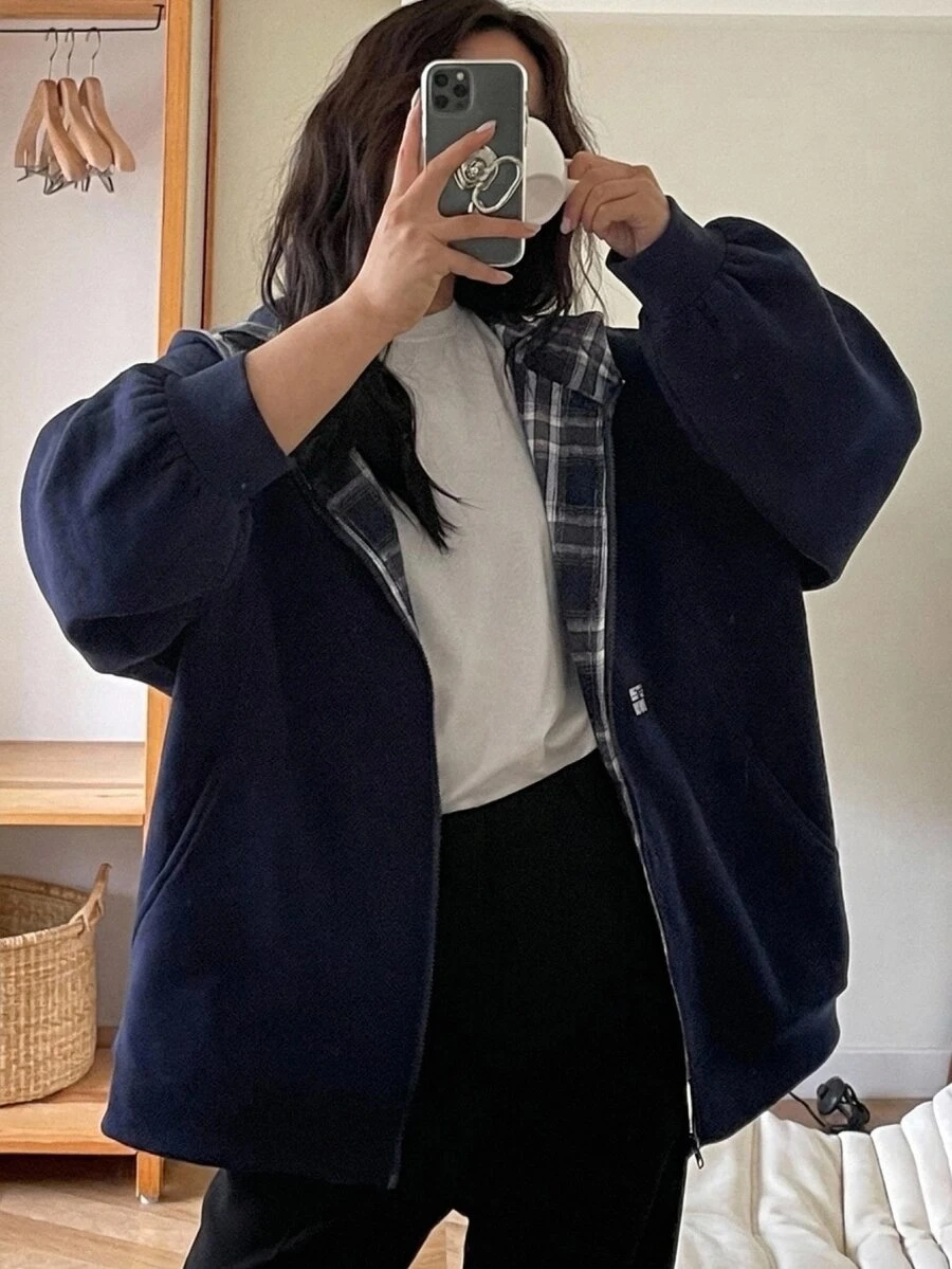 Dazy Plus Thermal Lined Thick Hooded Colorblock Plaid Design Fun Commute Korean Style Loose Fit Spring Autumn New Jacket - Navy Blue - View 1
