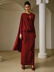 ZEYLAH Women's Solid Color Pleated Ribbon Design Fitted Elegant Dress - Burgundy - View 6