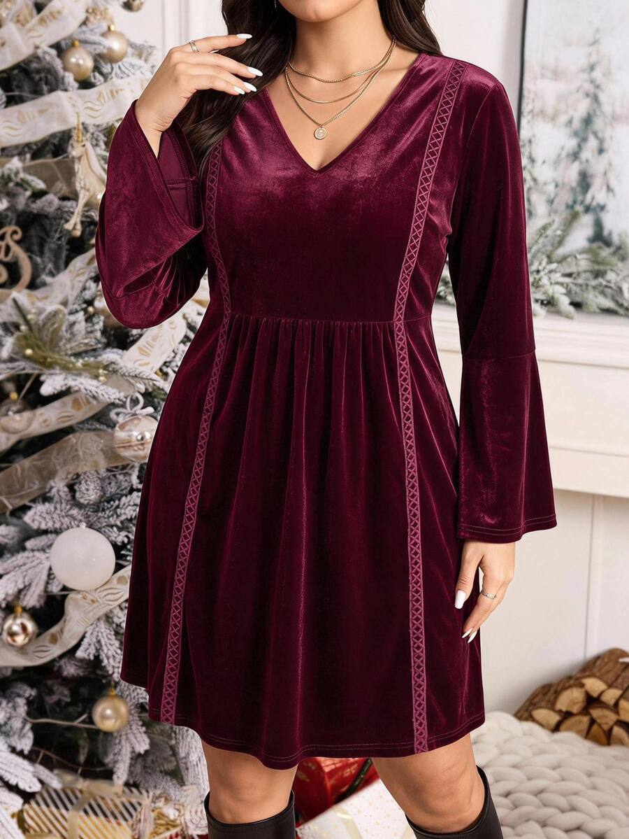 Easowa Curve Gaun Lengan Lonceng Elegan Ukuran Besar untuk Musim Gugur/Musim Dingin - Burgundy - View 1