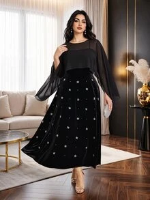 Modelyn Plus Size Women's Flare Sleeve Top And Floral Print Dress Elegant 2 Pieces Set - Black - View 4