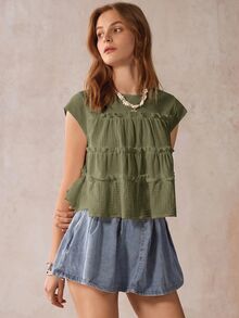Wildy Gaya BOHO Cottagecore Kasual Gaya Pedesaan Amerika Longgar Hijau Sage Lengan Pendek Musim Panas Piknik Brunch - Hijau Tentara - View 8