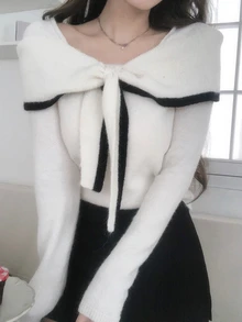 DAZY Women's Sweet Korean Style Colorblock Tie-Up Long Sleeve Sweater - White - View 2