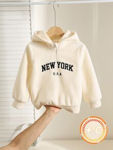 SHEIN 兒童小男孩休閒可愛日常舒適百搭英文刺繡白色毛絨寬鬆長袖衛衣 - 米色 - 查看 4