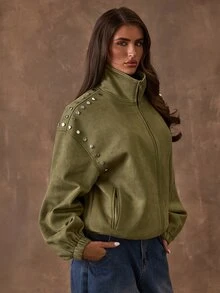 SHEIN BAE Women's Casual Stud Decor Jacket, Autumn - Army Green - View 6