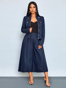 SOLERSUN Women's Vintage Military Two Pieces Suit, Napoleon Inspired Cropped Jacket And High Waist Wide Leg Pants Set With Gold Button Accents - Blue - View 7