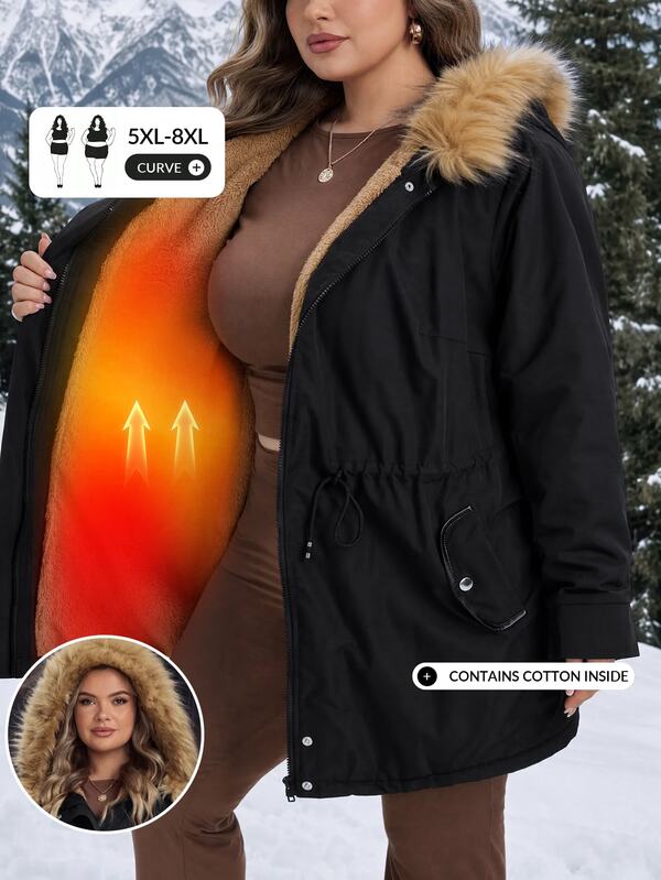 SHEIN CURVE+ Plus Size Women's Casual Zip-Up Hooded Drawstring Long Sleeve Fleece Jacket, Comfortable, Autumn/Winter