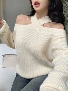 DAZY Autumn/Winter Cross Halter Neck Off Shoulder Loose Elegant Date Party Beige Women Sweater - Beige - View 8