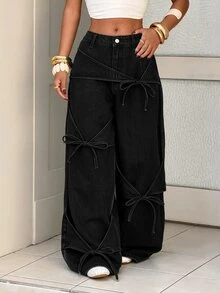 Rivivi Plus Size Women's Front Knot Wide Leg Loose Casual Denim Jeans - Black - View 1