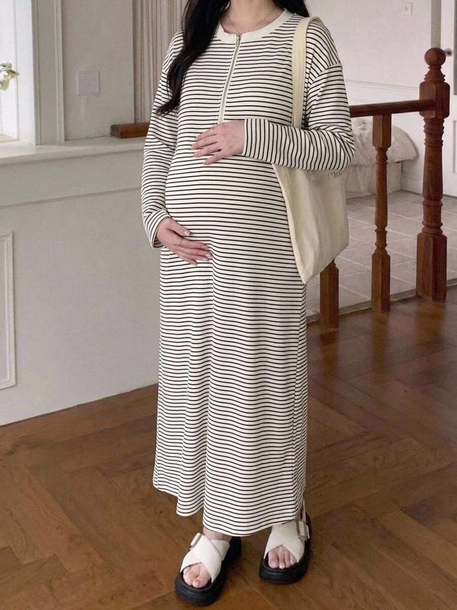 Dazy Maternity Color Block Patchwork Round Neck Casual Loose Short Sleeve Long Maternity Dress For Spring And Summer - White - View 1