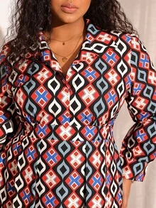 EMERY ROSE Gaun Wanita Ukuran Besar Lengan Panjang Motif Geometris dengan Saku, Kasual Elegan, Cocok untuk Musim Gugur, Kantor, Formal, dan Acara Malam, Warna Hitam - MultiWarna - View 6