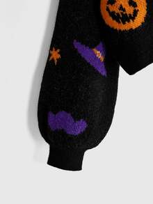 ROMWE Avant Women's Open Front Halloween Pumpkin & Skull Knit Cardigan - Black - View 4