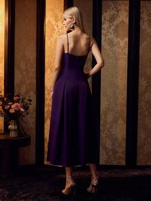 MOTF PREMIUM ELEGANT WOMEN SPAGHETTI STRAP 3D FLORAL APPLIQUE SATIN GOWN FOR FORMAL EVENING PARTY, WEDDING - Purple - View 3