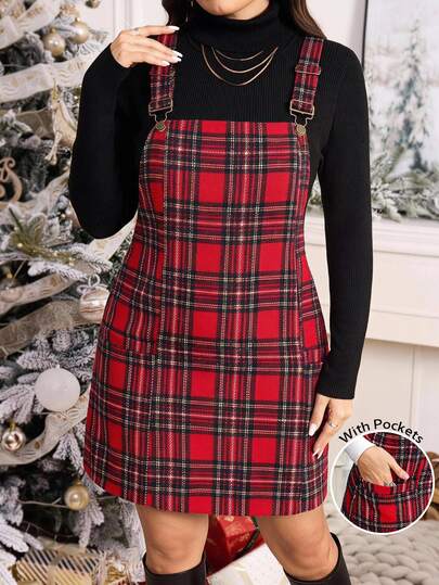 Easowa Curve Plus Size Women's Black Corduroy Dress With Pockets And Adjustable Shoulder Straps
