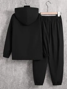 SHEIN 2件組兒童青少年男孩半拉鍊連帽外套與慢跑長褲套裝，適合通勤、上學、日常休閒穿著、運動，秋冬款 - 黑與白 - 查看 4