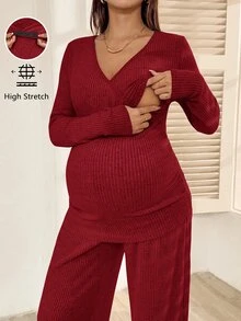 SHEIN 孕婦純色長袖T恤與可調腰長褲休閒哺乳兩件套 - 酒紅色 - 查看 1