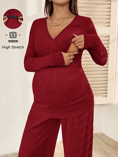 SHEIN Maternity Solid Color Long Sleeve T-Shirt Adjustable Waist Long Pants Casual Nursing 2 Pieces Set Fall Christmas Night Cherry Red