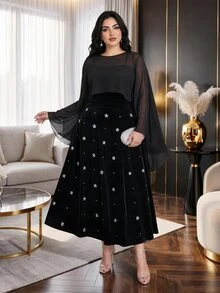 Modelyn Plus Size Women's Flare Sleeve Top And Floral Print Dress Elegant 2 Pieces Set - Black - View 1