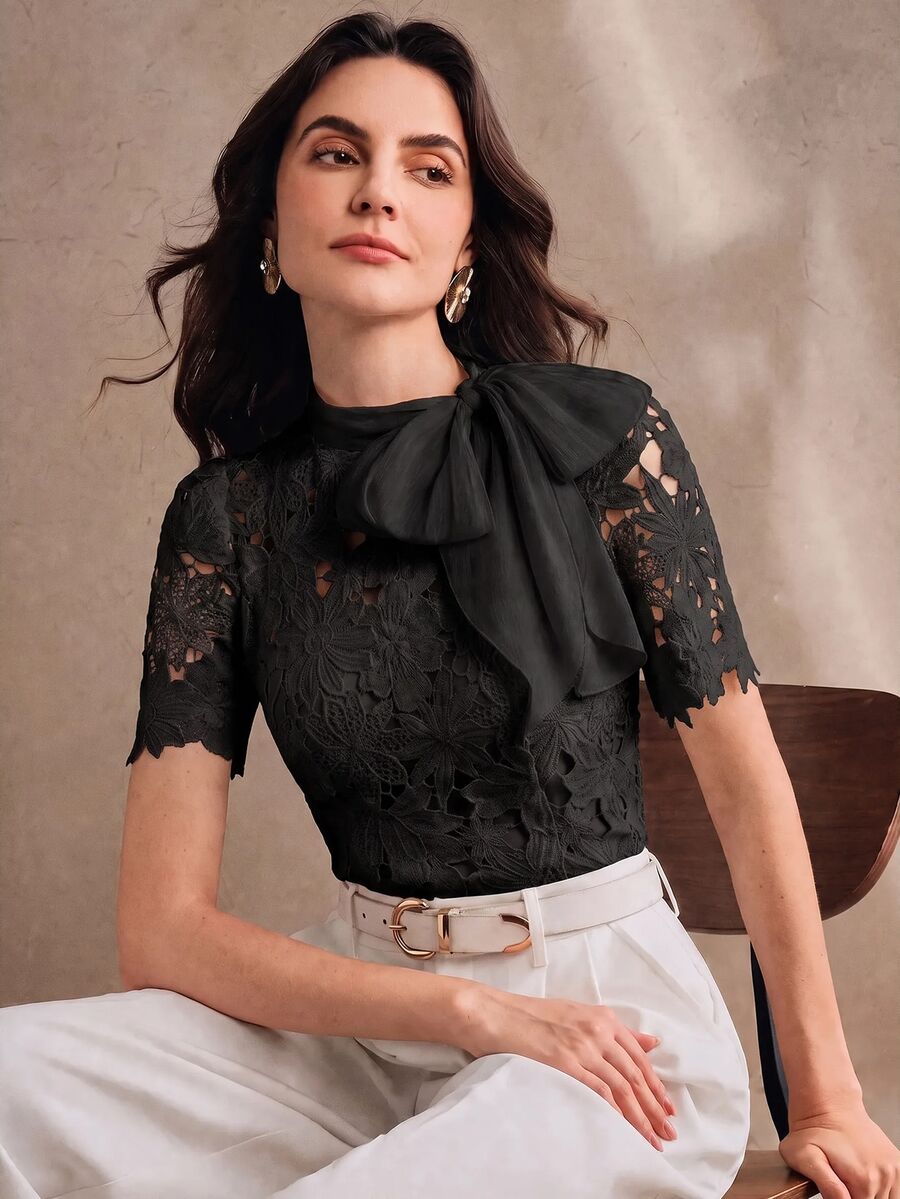 Anewsta Autumn French Gentle Style Black Hollow Lace Bow Versatile Women's Blouse - Black - View 1