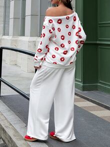 Lyckli Betty Boop x SHEIN Maternity Red Lips Cartoon Print Asymmetric Collar Sweatshirt & Sweatpants 2 Pieces Set Fall - White - View 2