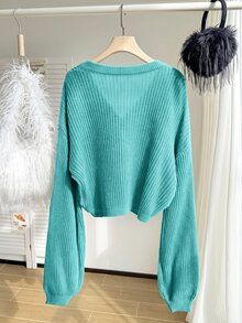 SHEIN EZwear 大尺碼鈕扣長袖時尚開襟針織衫 - 水鴨藍 - 查看 2