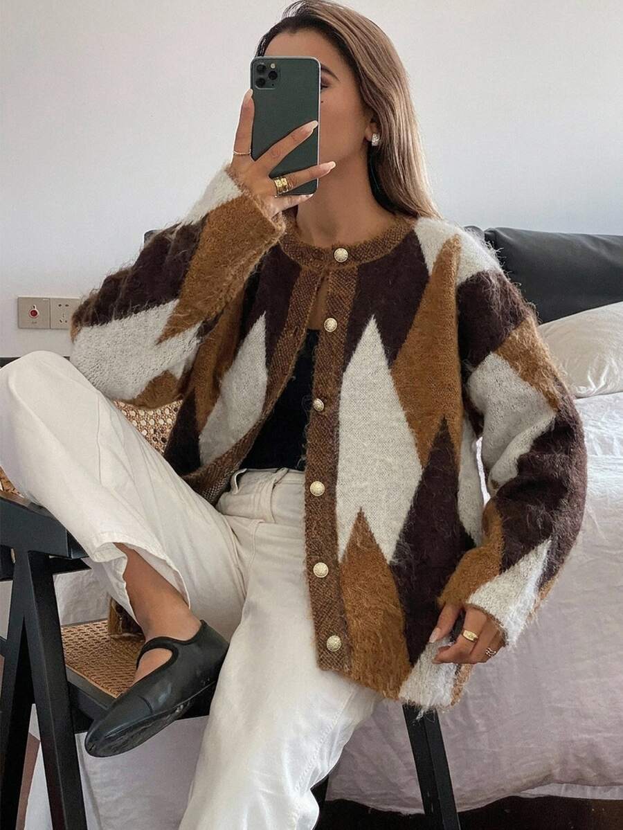 DAZY Women's Brown Loose Business Casual Office Wear Minimalist Contrast Color Patchwork Rhombus Geometric Pattern Thickened Plush Knit Cardigan Sweater, Autumn Winter Plaid - Yellow - View 1