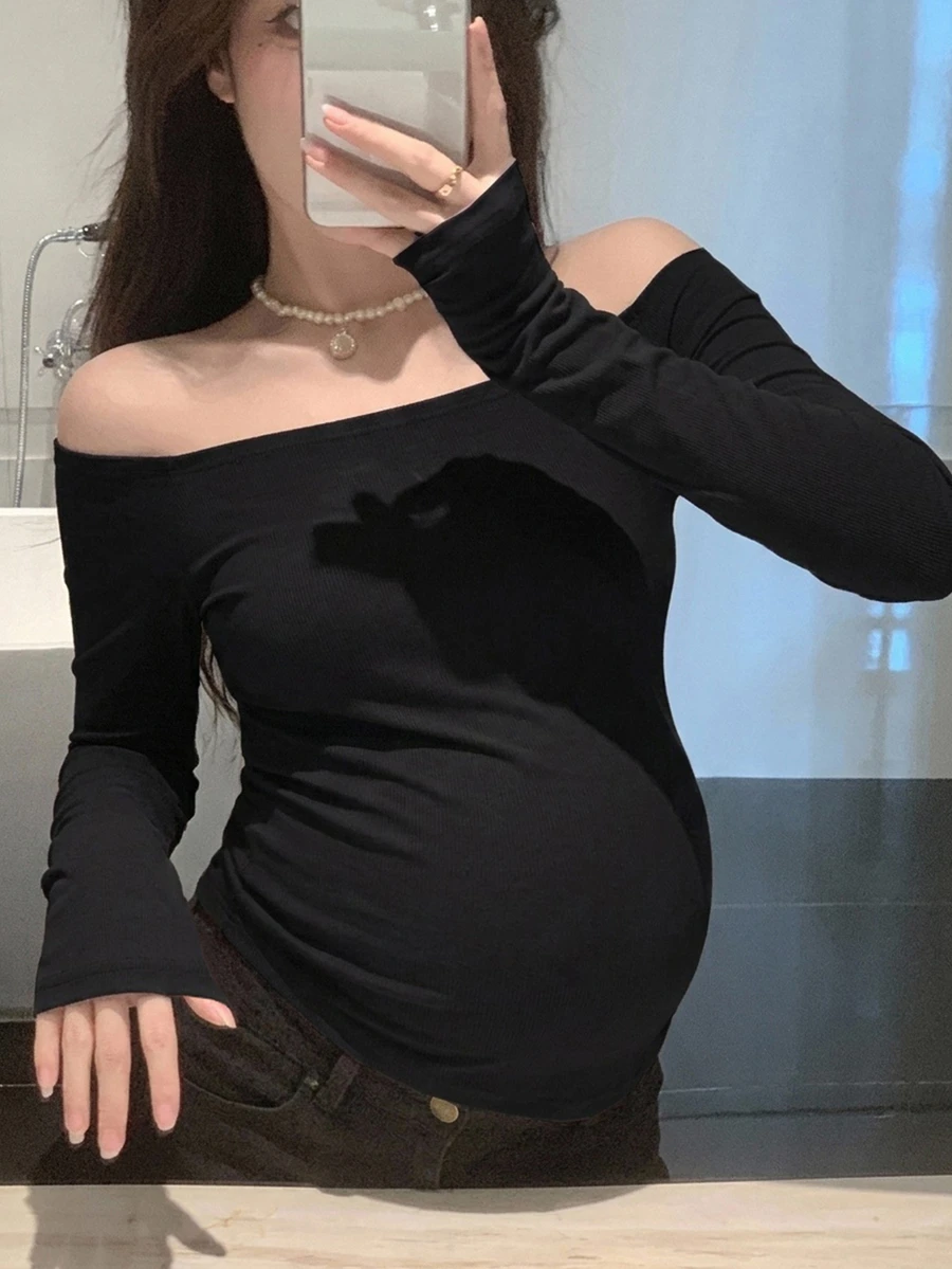 Dazy Maternity Solid Color Fitted Short Off Shoulder Long Sleeve Casual Everyday Versatile Spring/Autumn Maternity T-Shirt - Black - View 1