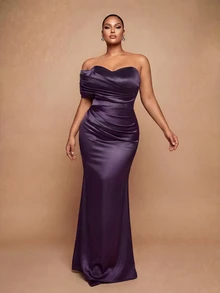 Vowa Plus Size Elegant Romantic Luxury Brown One-Shoulder Cloud Print Ruched Waist Fitted Bodycon Mermaid Hem With Train Evening Gown For Wedding Party Celebration Formal Event Heavy Embellished - Brown - View 1