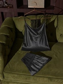 SilkySpell Black Cowl Neck Lace Patchwork Backless Camisole & Shorts Sexy Satin Sleepwear Set - Black - View 2
