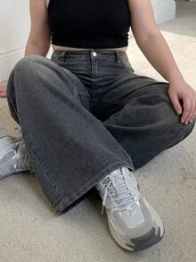 Dazy Plus Korean Vintage Washed Distressed Loose Wide Leg Long Pants Casual Spring Autumn New Style Denim Jeans For Girls - Grey - View 5