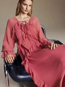 Ontre 女款玫瑰紅長袖洋裝，荷葉邊拼接設計，現代都市時尚商務休閒辦公穿搭，低調老錢風優雅高端通勤機場造型，舒適百搭高品質長洋裝 - 乾枯玫瑰色 - 查看 2